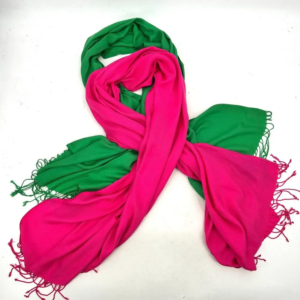 Set Of 2 Hot Pink Green Lightweight Viscose Fringe Shawl Scarf One Size